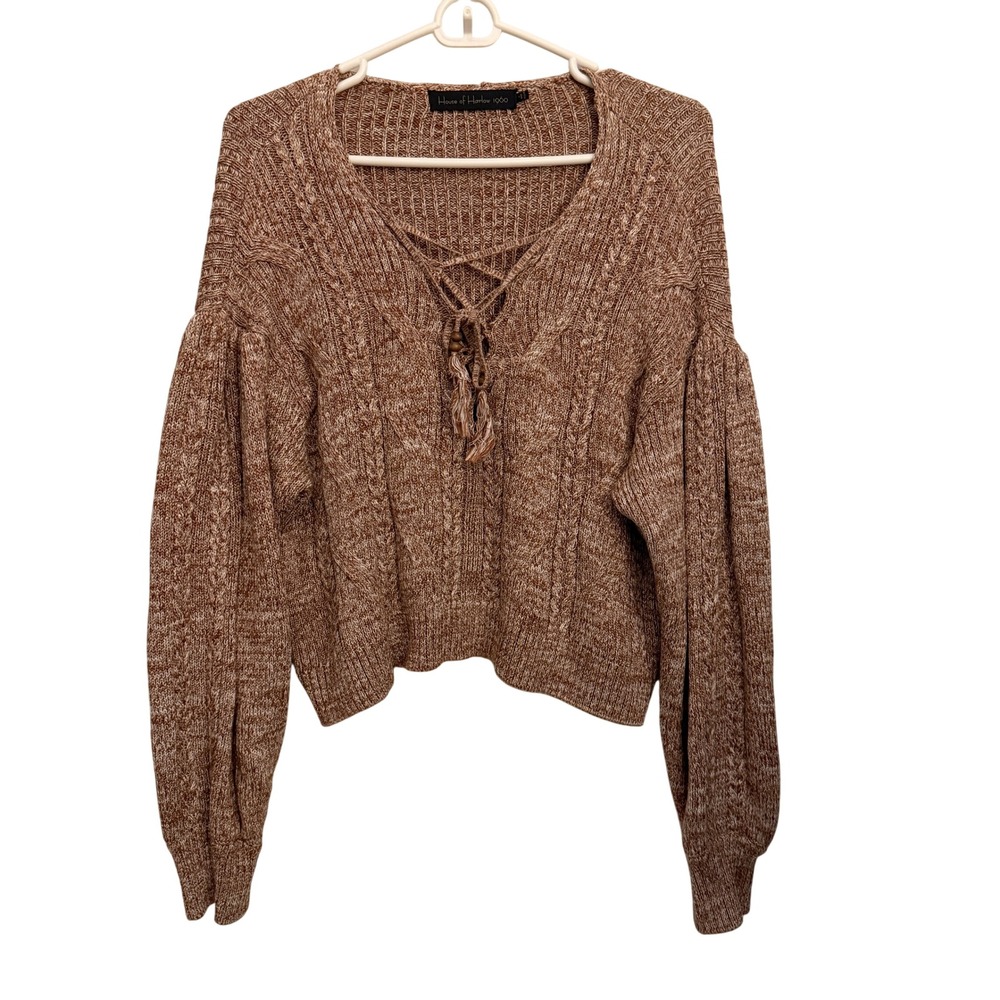 House of Harlow 1960 Shira Cable Sweater Brown Lace Up Cable Knit Puff Sleeve EX